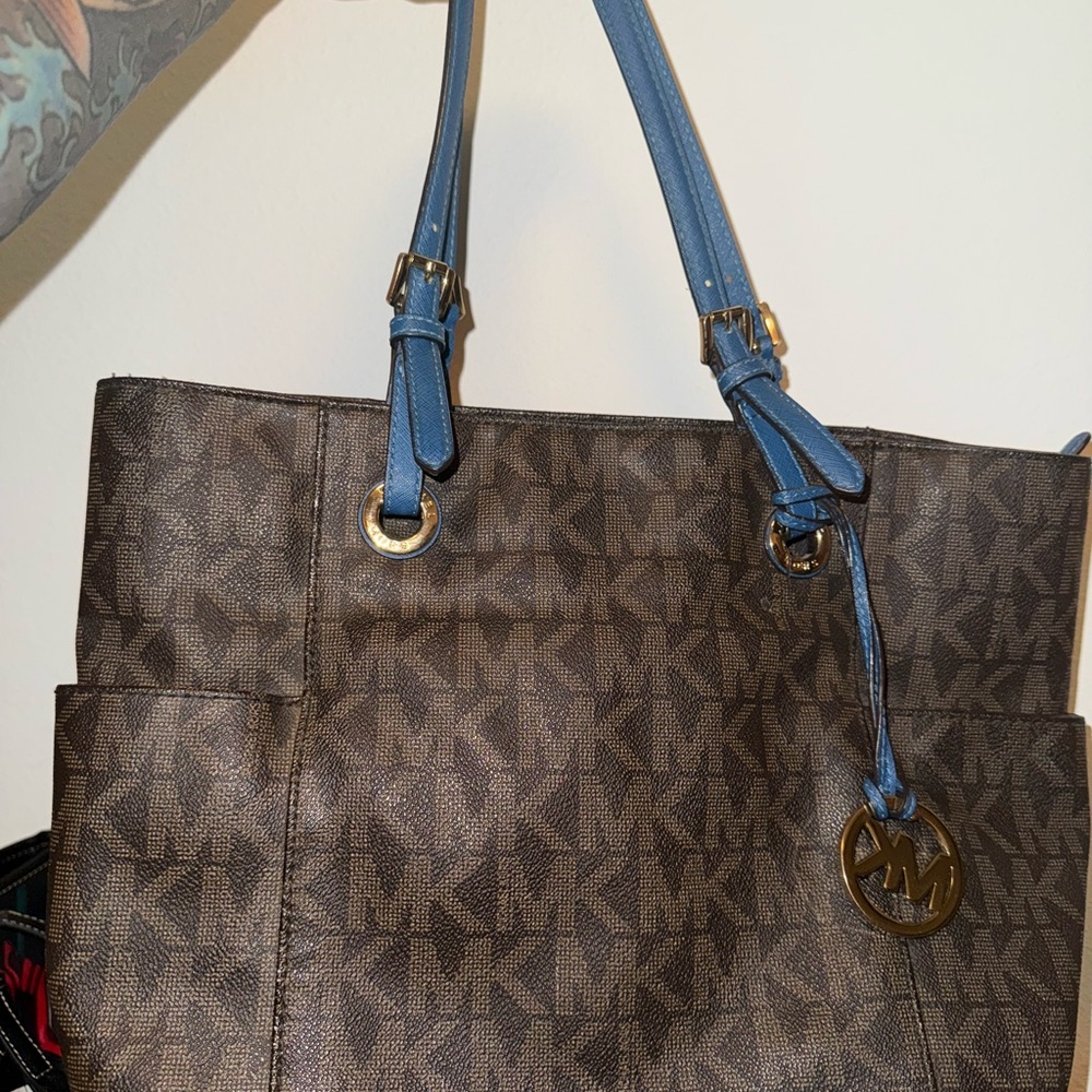 Michael Kors Signature Brown Tote with Blue Straps
